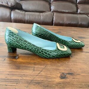 Frances Valentine Mary Mini Block Heel Croco Emboss Green Leather Pumps Sz 9